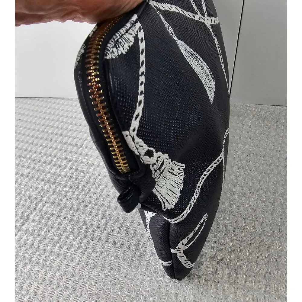 Chicos Navy Blue White Tassel Rope Print Cosmetic Bag Pouch Polka Dot Lining